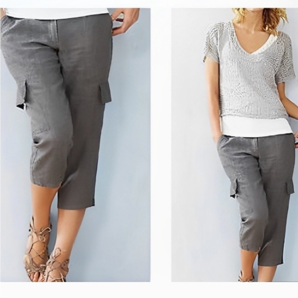 EILEEN FISHER Pant Organic Linen Surplus Cropped Cargo Pants Olive Green Sz 6 - Picture 15 of 15